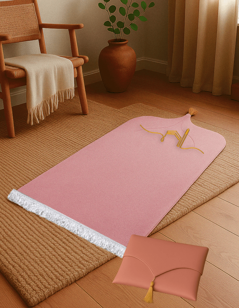 Kabe İşlemeli Deri Pembe Seccade Seti - Çantalı Hediyelik 70x120cm | Lüks Tasarım - Carpetella