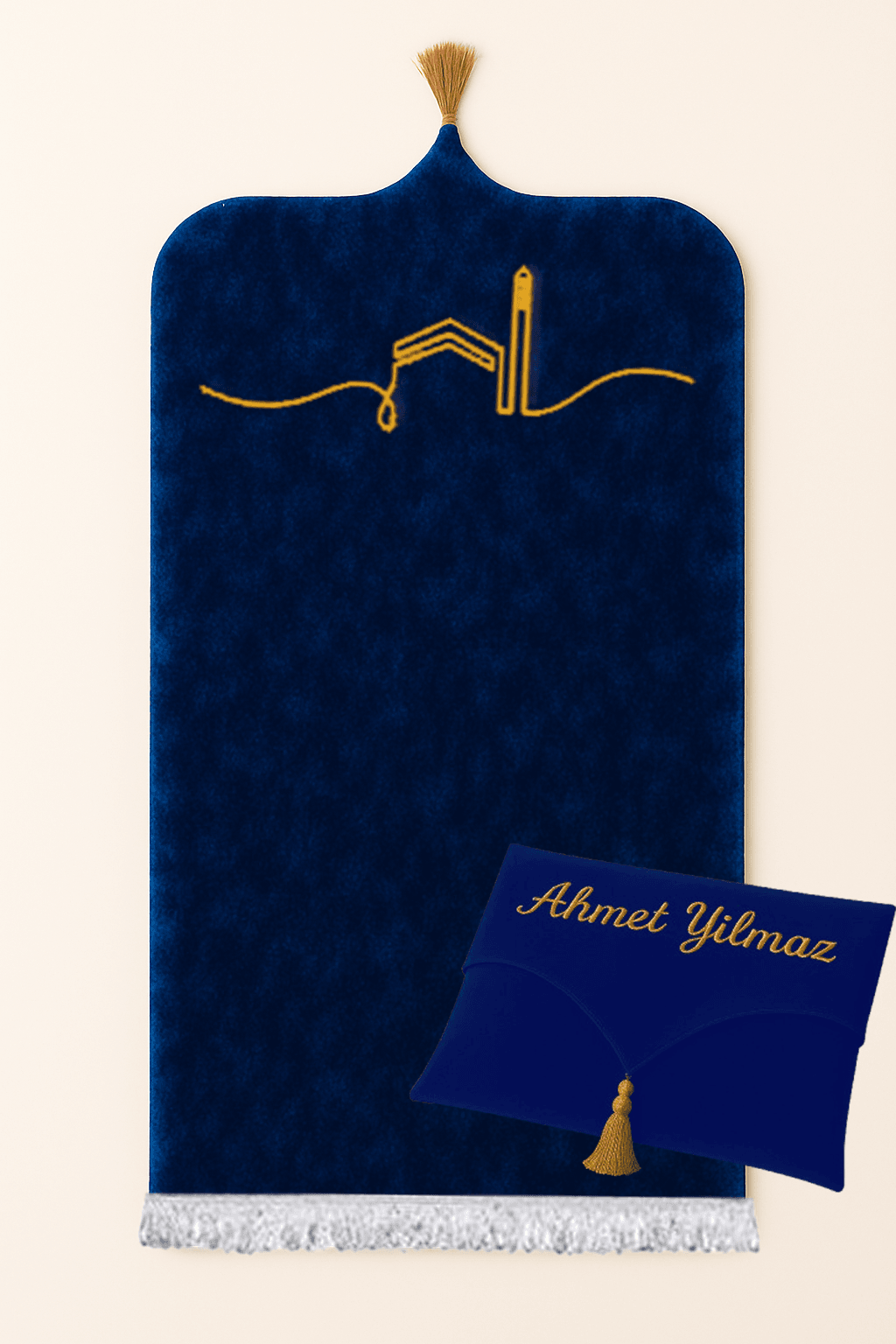 İsme Özel Lacivert Kadife Seccade Seti - Çantalı Hediyelik 70x120cm | Lüks Tasarım - Carpetella