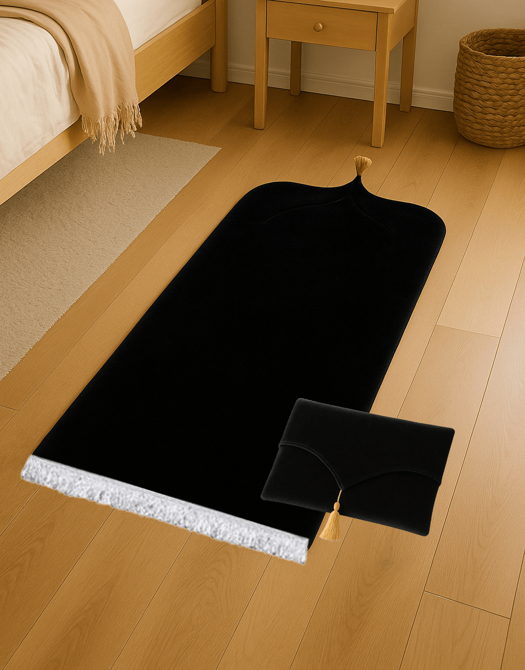 Kadife Siyah Seccade Seti - Çantalı Hediyelik 70x120cm - Carpetella