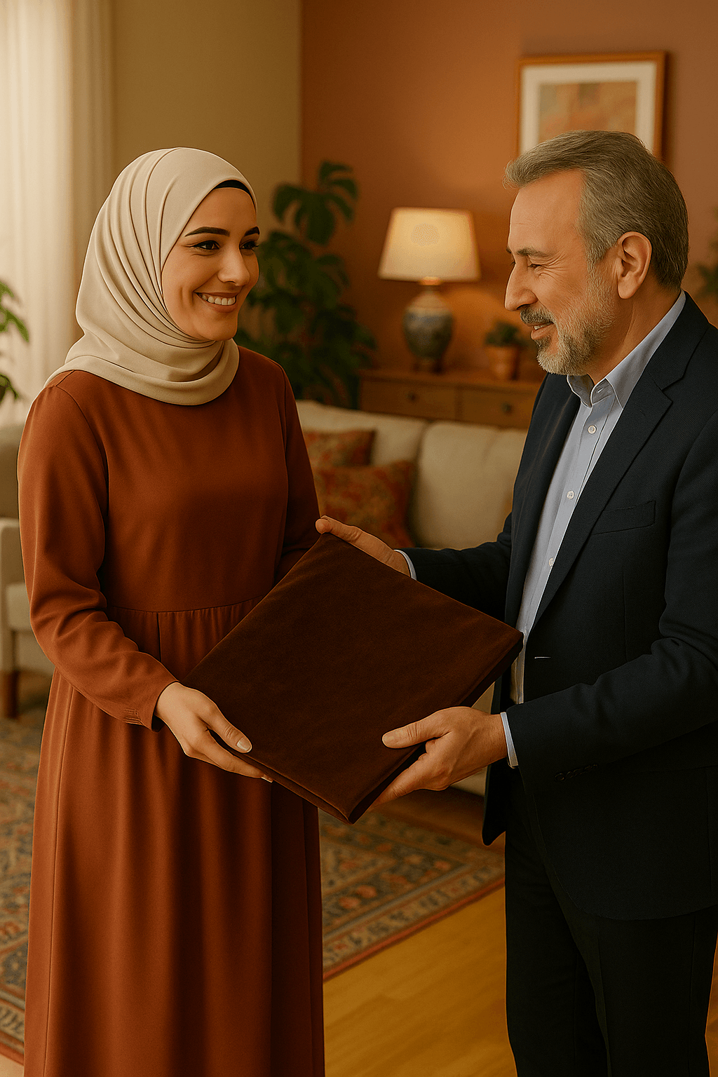 Minimal Kabe İşlemeli Kahverengi Kadife Seccade | Lüks Hediyelik Çeyizlik - Carpetella