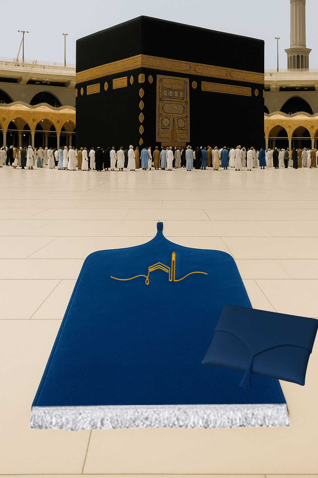 Kabe İşlemeli Deri Lacivert Seccade Seti - Çantalı Hediyelik 70x120cm | Lüks Tasarım - Carpetella