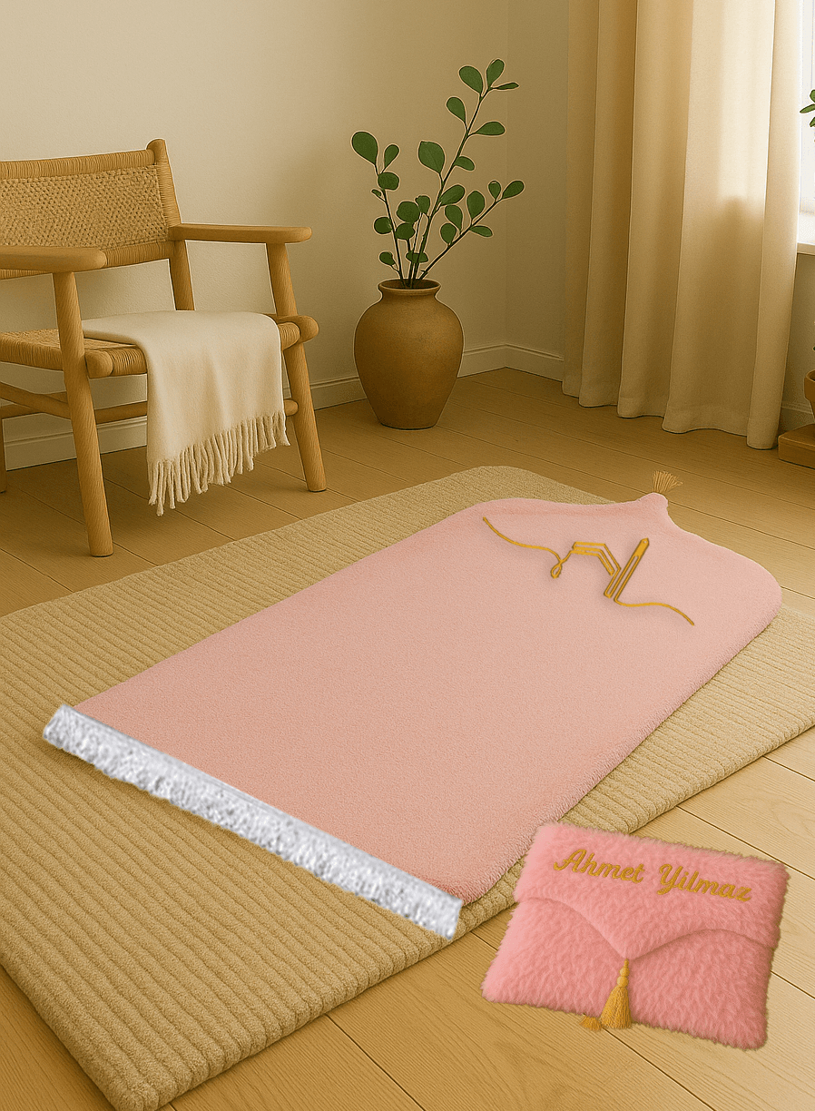 İsme Özel Çantalı Kabe İşlemeli Pembe Peluş Seccade Seti - Lüks Hediyelik 70x120cm - Carpetella