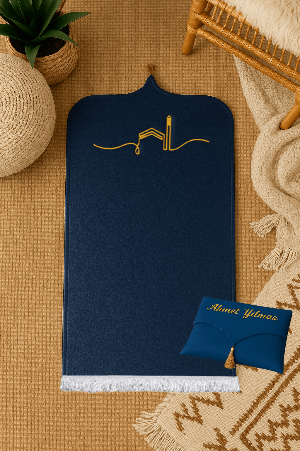 İsme Özel Deri Lacivert Seccade Seti - Çantalı Hediyelik 70x120cm | Lüks Tasarım - Carpetella
