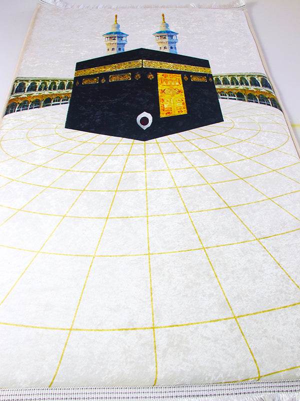3 CM Süngerli Ortopedik Seccade - Beyaz Kabe Motifli Lüks Kadife Seccade - Carpetella