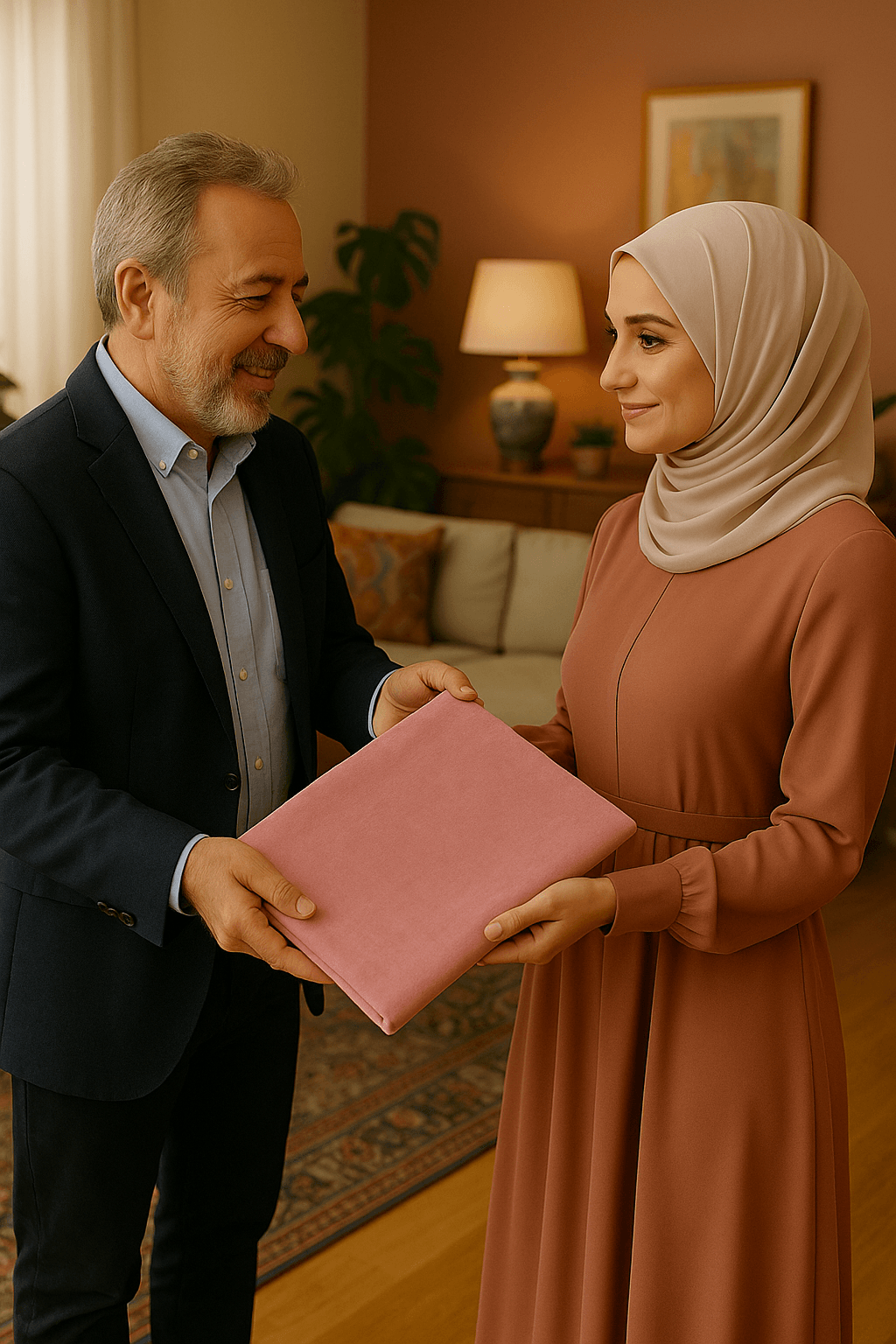 Minimal Kabe İşlemeli Pembe Kadife Seccade | Lüks Hediyelik Çeyizlik Namazlık - Carpetella