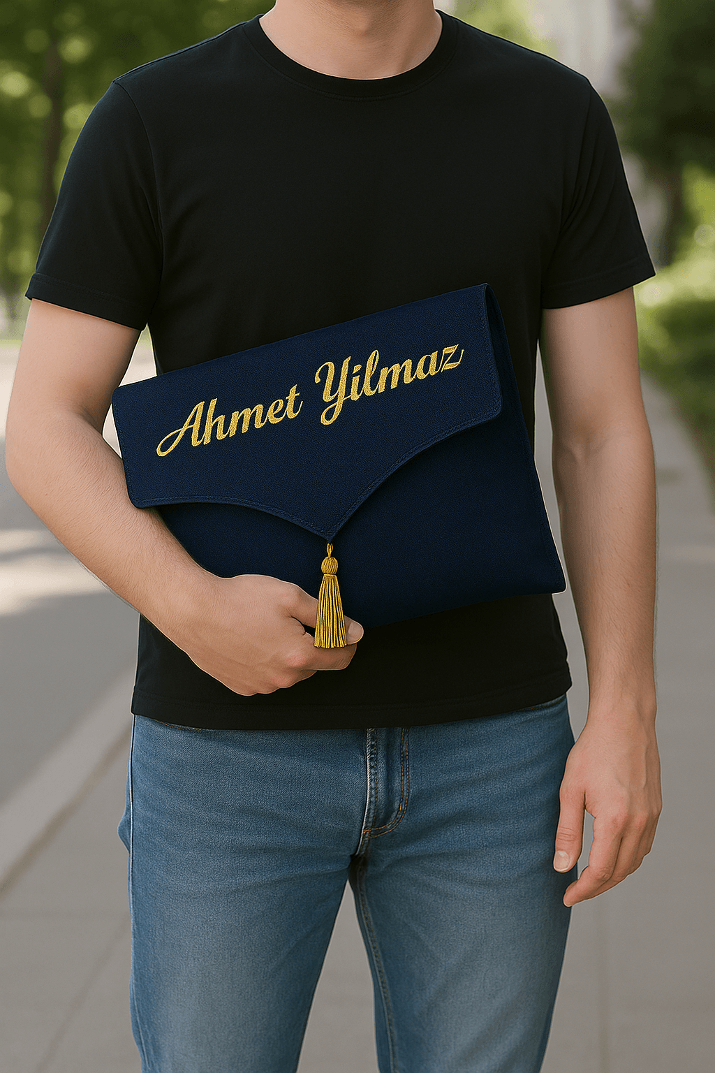 İsme Özel Deri Lacivert Seccade Seti - Çantalı Hediyelik 70x120cm | Lüks Tasarım - Carpetella