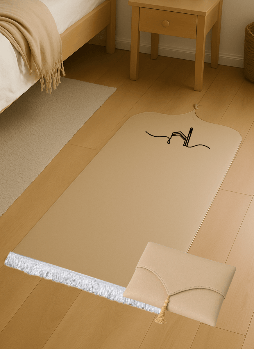 Kabe İşlemeli Deri Bej Seccade Seti - Çantalı Hediyelik 70x120cm | Lüks Tasarım - Carpetella